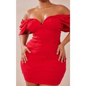 Women's prettylittlething Plus Red Textured V‎ Bar Bodycon Dress, US 14